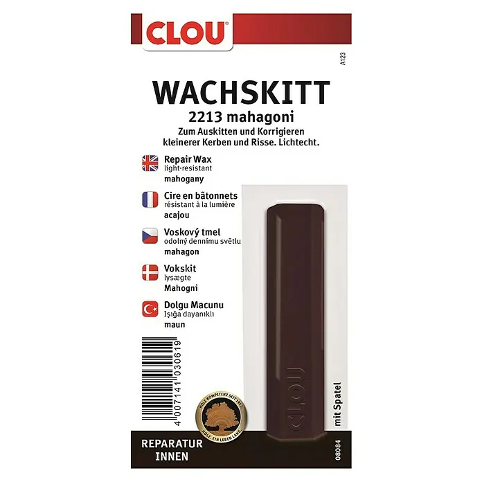 Clou Wachskittstange - Mahagoni - CLOU Wachskitt 2213 Mahagoni zur Reparatur kleinerer Schäden und Risse im Innenbereich. Lichtecht und einfach anzuwenden.