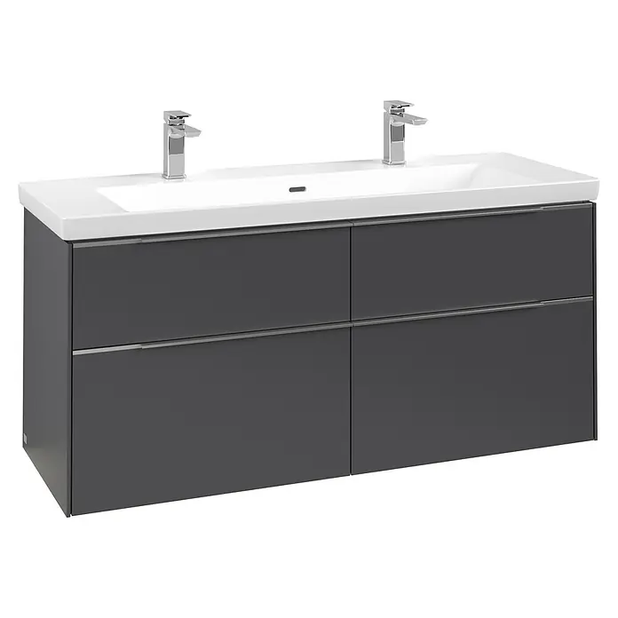Villeroy & Boch Subway 3.0 Waschbeckenunterschrank - Graphite, Anzahl Schubladen: 4 Stk., Farbe Griff: Aluminium glänzend, B x T x H: 127,2 x 47,8 x 57,6 cm, Mit Beleuchtung - Moderner Doppelwaschtisch mit weißer Keramikplatte, zwei Chromarmaturen und einem grauen Unterschrank mit vier Schubladen.