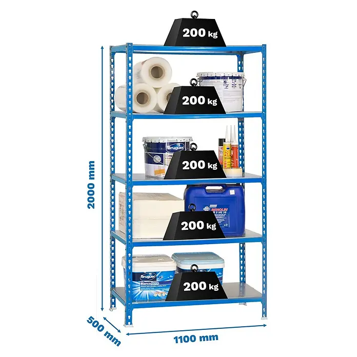 Simonrack Simonclick Metallregal Simonclick Super Plus - H x B x T: 200 x 110 x 50 cm, Traglast pro Boden: 200 kg, Anzahl Böden: 5 Stk., Stecken, Blau/Silber - Ein blaues Schwerlastregal mit fünf Böden, beladen mit verschiedenen Gegenständen und Gewichten, illustriert die Tragfähigkeit.