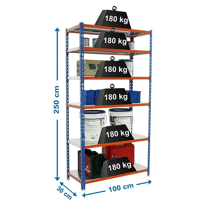 Simonrack Simonclick Metallregal Simonclick Plus - H x B x T: 250 x 100 x 30 cm, Traglast pro Boden: 180 kg, Anzahl Böden: 6 Stk., Stecken, Blau/Orange/Silber - Ein stabiles Schwerlastregal mit sechs Ebenen, beladen mit Gewichten und diversen Gegenständen, ideal für Lager und Werkstatt.