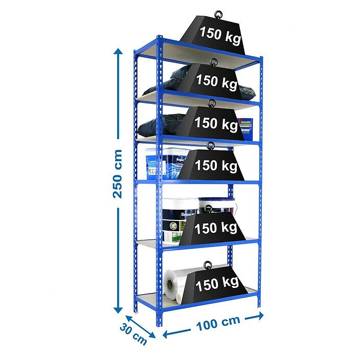 Simonrack Simonclick Metallregal (L x B x H: 30 x 100 x 250 cm, Traglast: 150 kg/Boden, Anzahl Böden: 6 Stk., Blau)