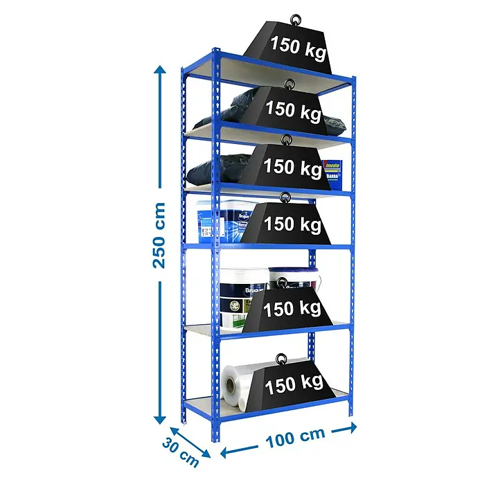 Simonrack Maderclick Metallregal Maderclick Plus - H x B x T: 250 x 100 x 30 cm, Traglast pro Boden: 150 kg, Anzahl Böden: 6 Stk., Stecken, Blau - Abbildung eines blauen Regals mit sechs Fächern, die jeweils mit 150 kg Gewicht belastet sind, zusammen mit Maßangaben.