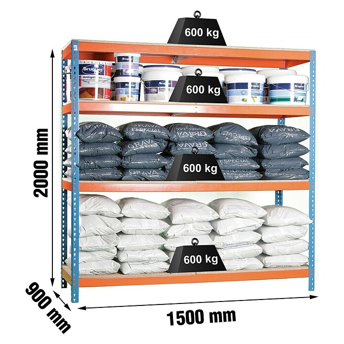 Simonrack Simontaller Metall-Schwerlastregal (L x B x H: 90 x 150 x 200 cm, Traglast: 600 kg/Boden, Anzahl Böden: 4 Stk., Blau/Orange)