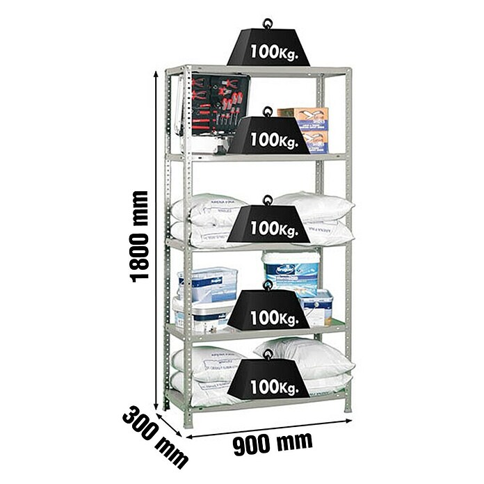 Simonrack Simonclassic Metallregal (L x B x H: 30 x 90 x 180 cm, Traglast: 100 kg/Boden, Anzahl Böden: 5 Stk., Grau)