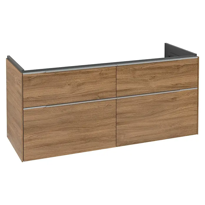 Villeroy & Boch Subway 3.0 Waschbeckenunterschrank - Kansas Oak, Anzahl Schubladen: 4 Stk., Farbe Griff: Aluminium glänzend, B x T x H: 127,2 x 47,8 x 57,6 cm, Mit Beleuchtung - Wandhängender Schrank mit heller Holzmaserung und vier Schubladen mit integrierten silbernen Griffen.