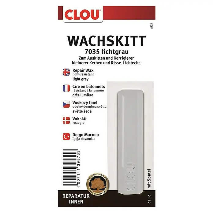 Clou Wachskittstange - Lichtgrau - Verpackung der CLOU Wachskitt 7035 lichtgrau, ideal zum Ausbessern von kleinen Kerben und Rissen im Innenbereich, mit Spatel.