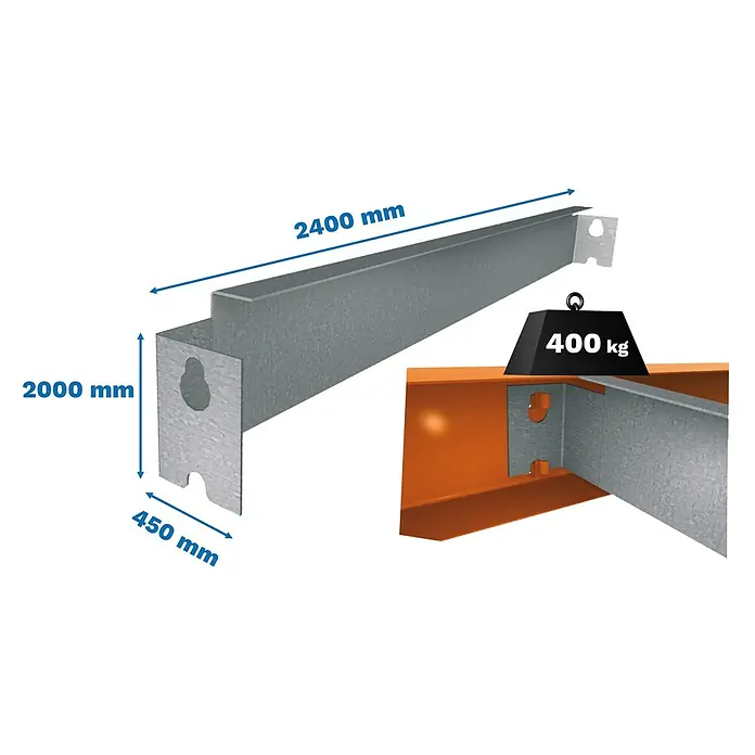 Simonrack Simonforte Estantería para cargas pesadas - Al x An x Pr: 200 x 240 x 45 cm, Número de baldas: 5 ud., Inserción, Azul/Naranja, Capacidad de carga por balda: 600 kg - Viga de acero galvanizado (2400 mm de largo, 450 mm de ancho), para estanterías de carga pesada de 2000 mm de altura, soporta 400 kg.