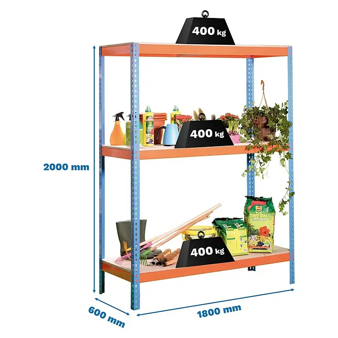 Simonrack Ecoforte Estantería para cargas pesadas Metal - Al x An x Pr: 200 x 180 x 60 cm, Número de baldas: 3 ud., Inserción, Azul/Naranja, Capacidad de carga por balda: 400 kg, Bandejas no incluidas - Estantería metálica resistente con postes azules y estantes naranjas, 2000x1800x600 mm, 400 kg por estante.