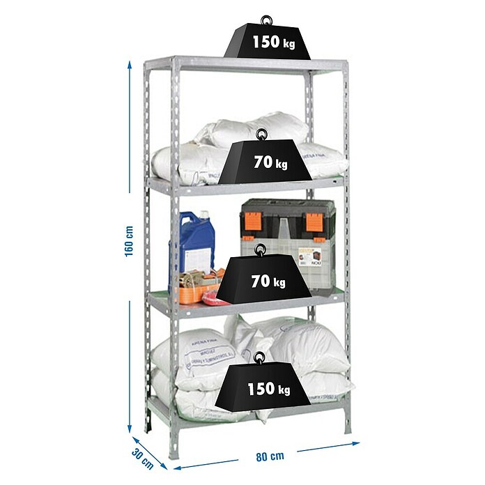 Simonrack Simonclick Metallregal (L x B x H: 30 x 80 x 160 cm, Traglast: 150 kg/Boden, Anzahl Böden: 4 Stk., Silber)