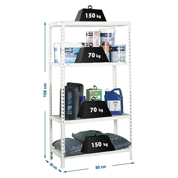 Simonrack Ecoclick Metallregal (L x B x H: 30 x 80 x 150 cm, Anzahl Böden: 4 Stk., Weiß)