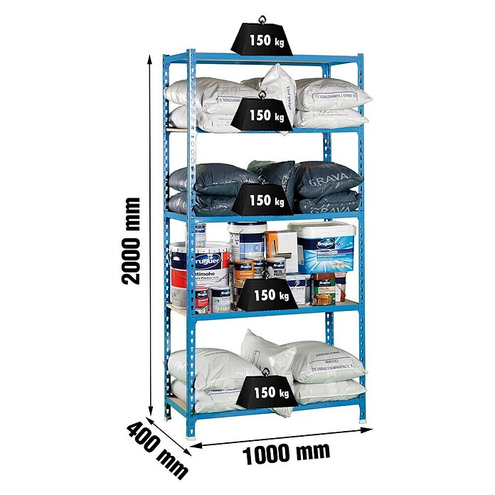 Simonrack Simonclick Metallregal (L x B x H: 40 x 100 x 200 cm, Traglast: 150 kg/Boden, Anzahl Böden: 5 Stk., Blau)