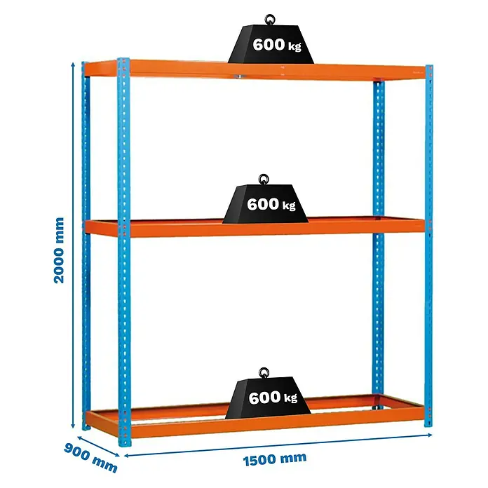 Simonrack Simonforte Estantería para cargas pesadas - Al x An x Pr: 200 x 150 x 90 cm, Número de baldas: 3 ud., Inserción, Azul/Naranja, Capacidad de carga por balda: 600 kg - Estantería industrial de 3 niveles azul y naranja. Cada balda soporta 600 kg. Dimensiones: 2000mm Al x 1500mm An x 900mm P.