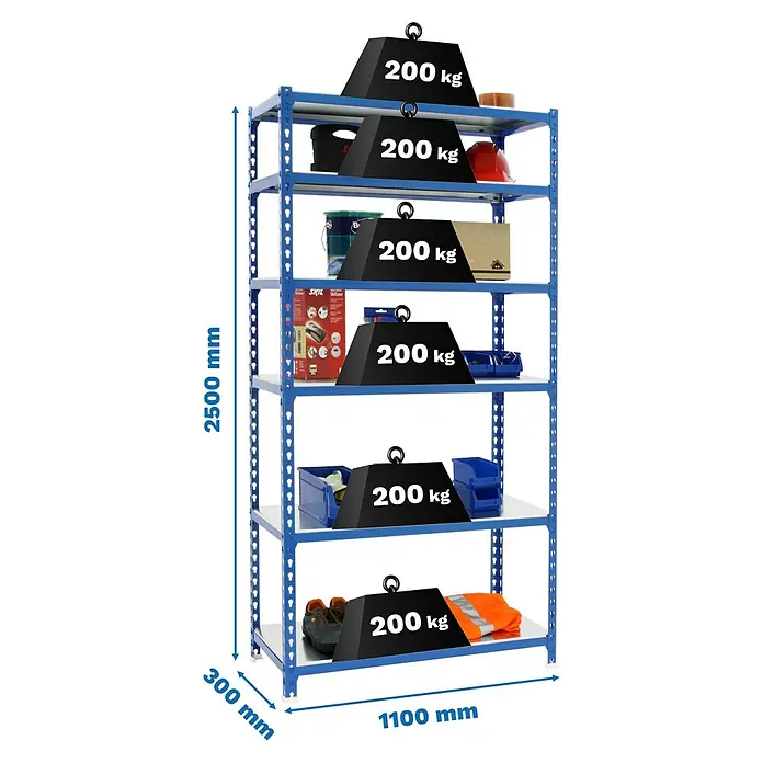 Simonrack Simonclick Metallregal Simonclick Super Plus - H x B x T: 250 x 110 x 30 cm, Traglast pro Boden: 200 kg, Anzahl Böden: 6 Stk., Stecken, Blau/Silber - Abbildung eines blauen Schwerlastregals mit sechs Ebenen, wobei jede Ebene eine Traglast von 200 kg aushält. Das Regal ist 2500 mm hoch.