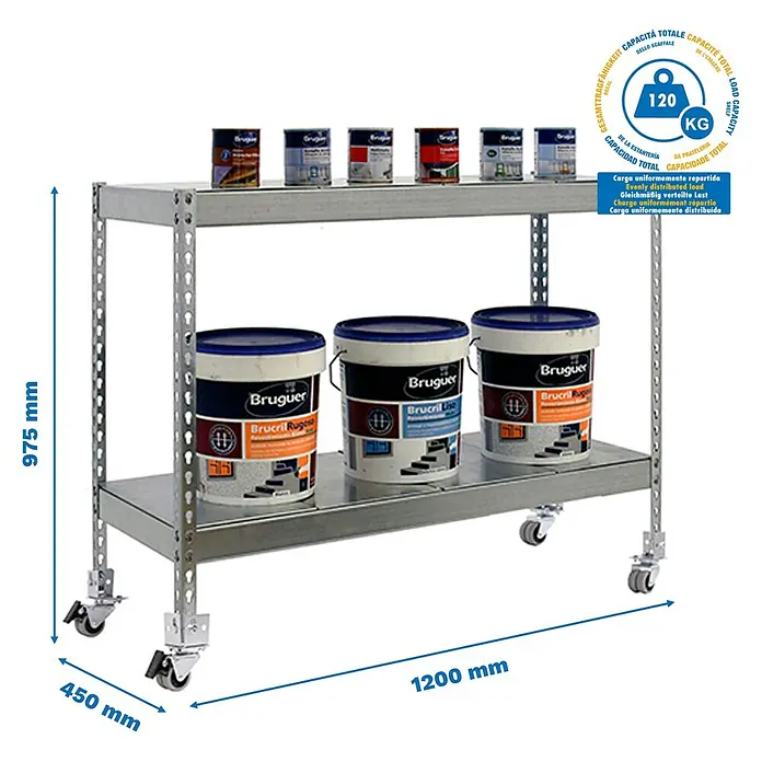 Simonrack Simontaller Metallregal Ecoforte Metall Mobil - H x B x T: 90 x 120 x 45 cm, Traglast pro Boden: 75 kg, Anzahl Böden: 2 Stk., Stecken, Silber, Rollen - Abbildung eines rollbaren Metallregals mit zwei Ebenen, das mit Farbeimern und Farbdosen beladen ist, inklusive Maßangaben.
