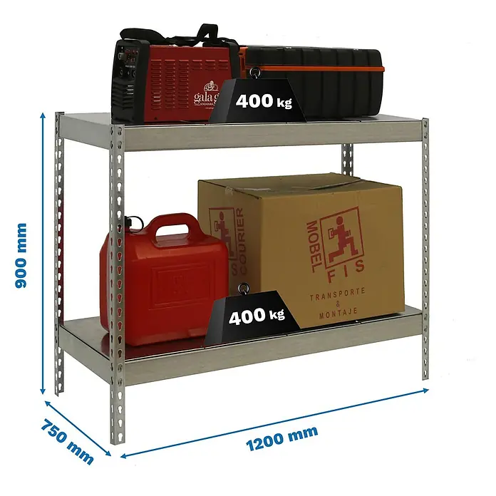 Simonrack Simontaller Schwerlastregal Ecoforte Metall - H x B x T: 90 x 120 x 75 cm, Traglast pro Boden: 400 kg, Anzahl Böden: 2 Stk., Stecken, Silber - Abbildung eines Regals mit zwei Etagen, beladen mit Werkzeugen und Kartons, mit Maßangaben und Gewichtsbeschränkungen.