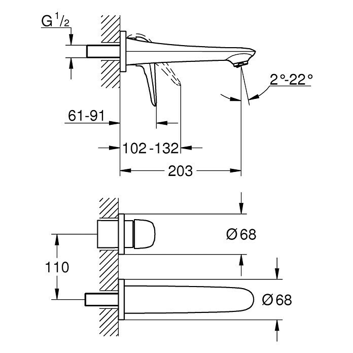 Grohe Eurostyle Solid Wand-Waschtischarmatur (2-Loch, Weiß, Glänzend)