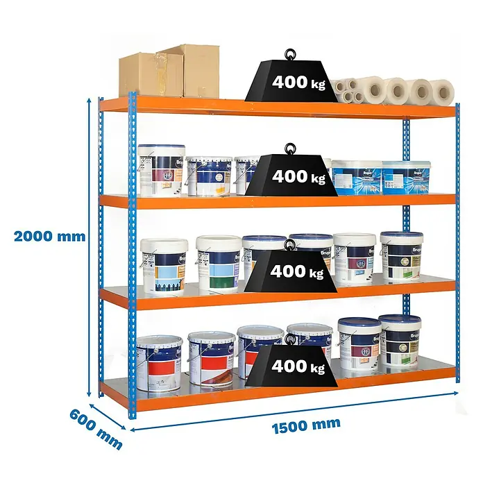 Simonrack Ecoforte Metallregal Ecoforte Metall - H x B x T: 200 x 150 x 60 cm, Traglast pro Boden: 400 kg, Anzahl Böden: 4 Stk., Stecken, Blau/Orange - Abbildung eines Regals mit vier Ebenen, beladen mit Farbbehältern und Gewichten, mit Maßangaben für Höhe, Breite und Tiefe.