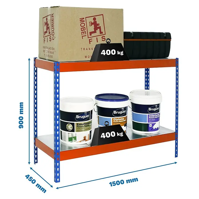 Simonrack Ecoforte Metallregal Ecoforte Metall - H x B x T: 90 x 150 x 45 cm, Traglast pro Boden: 400 kg, Anzahl Böden: 2 Stk., Stecken, Blau/Orange - Regal mit zwei Ebenen, beladen mit Farbeimern, Karton und Werkzeugkasten, das mit 400 kg pro Ebene belastbar ist.