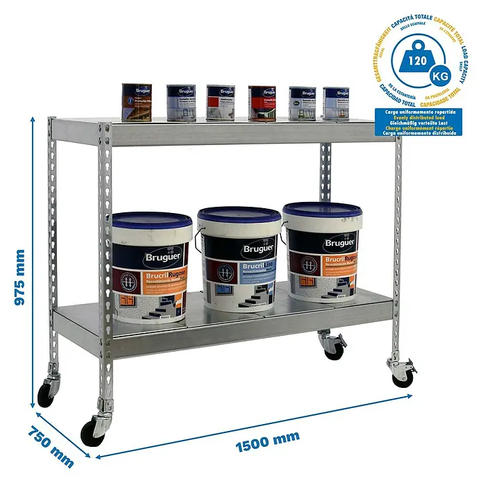 Simonrack Simontaller Metallregal Ecoforte Metall Mobil - H x B x T: 90 x 150 x 75 cm, Traglast pro Boden: 75 kg, Anzahl Böden: 2 Stk., Stecken, Silber, Rollen - Bild eines Rollwagens mit zwei Regalen, beladen mit Farbeimern und Farbdosen, inklusive Maßangaben und Gewichtsangaben.