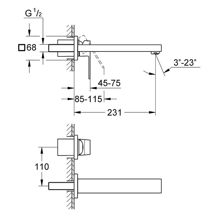 Grohe Eurocube Waschtischarmatur - Wandmontage, Chrom, Glänzend, Ausladung Armatur: 231 mm - Technische Zeichnung einer Armatur mit Maßangaben, die die Abmessungen und Installationsdetails des Produkts veranschaulicht.