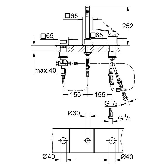 Grohe Eurocube Wannenrandarmatur3-Loch, Chrom, Glänzend Unknown