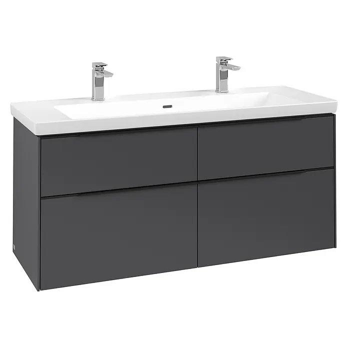 Villeroy & Boch Subway 3.0 Waschbeckenunterschrank - Graphite, Anzahl Schubladen: 4 Stk., Farbe Griff: Volcano Black, B x T x H: 127,2 x 47,8 x 57,6 cm - Dunkelgrauer Doppelwaschtisch mit weißen Waschbecken, zwei Chromarmaturen und vier grifflosen Schubladen.