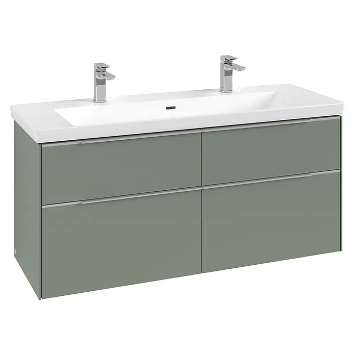 Villeroy & Boch Subway 3.0 Waschbeckenunterschrank - Soft Green, Anzahl Schubladen: 4 Stk., Farbe Griff: Aluminium glänzend, B x T x H: 127,2 x 47,8 x 57,6 cm, Mit Beleuchtung - Salbeigrüner Doppelwaschtischunterschrank mit weißer Keramikplatte, zwei Chromarmaturen und vier Schubladen mit silbernen Griffen.