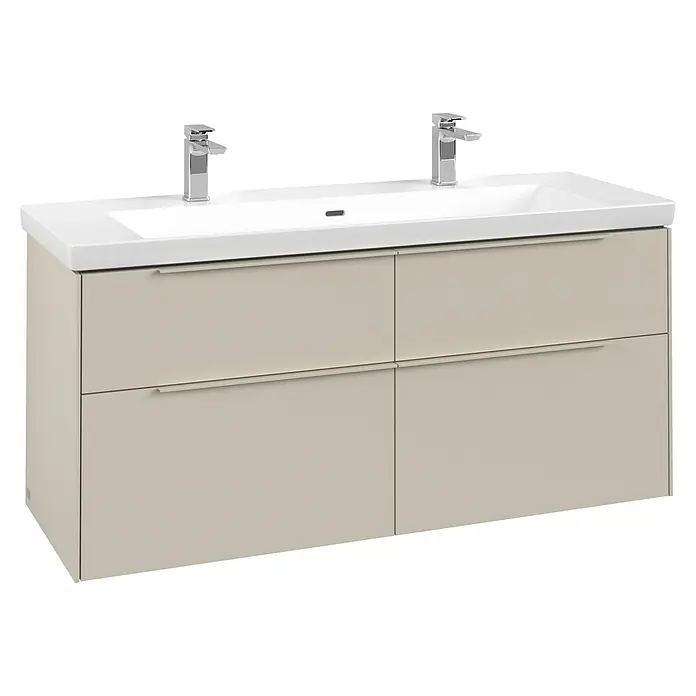 Villeroy & Boch Subway 3.0 Waschbeckenunterschrank - Cashmere Grey, Anzahl Schubladen: 4 Stk., Farbe Griff: Monochrom, B x T x H: 127,2 x 47,8 x 57,6 cm - Beigefarbener Doppelwaschtischunterschrank mit weißem Keramik-Doppelwaschbecken, zwei Armaturen und vier Schubladen.