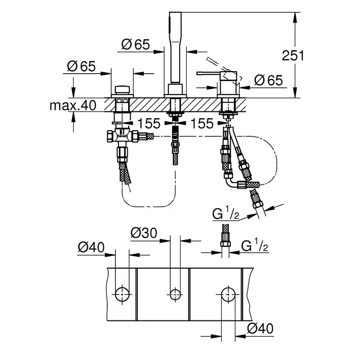 Grohe Essence Badewannenrandarmatur - Chrom, Glänzend - Produktbild: Eine detaillierte Skizze einer Armatur mit Bemaßungen, die die Installationsdetails hervorhebt.