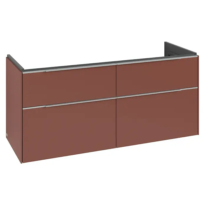 Villeroy & Boch Subway 3.0 Waschbeckenunterschrank - Wine Red, Anzahl Schubladen: 4 Stk., Farbe Griff: Aluminium glänzend, B x T x H: 127,2 x 47,8 x 57,6 cm, Mit Beleuchtung - Brauner Wandwaschtischunterschrank mit vier Schubladen und silbernen Griffen.