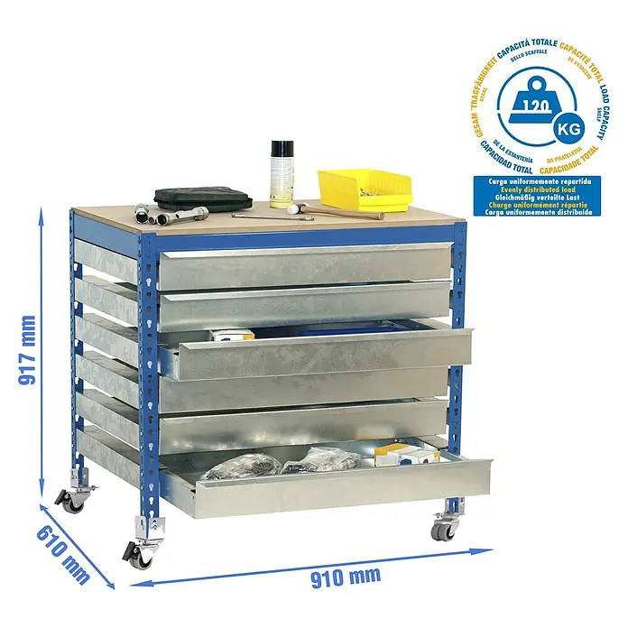 Simonrack Simonwork Banco de trabajo BT5 Box Mobile - L x An: 61 x 90 cm, Altura de trabajo: 95 cm, Carga soportada: 120 kg, Azul - Banco de trabajo móvil de metal azul con encimera de madera, cajones galvanizados y ruedas. Ofrece 120 kg de capacidad, almacenamiento y superficie de trabajo.