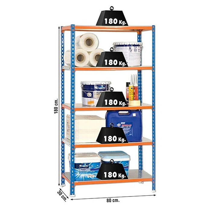 Simonrack Simonclick Metallregal (L x B x H: 30 x 80 x 180 cm, Traglast: 180 kg/Boden, Anzahl Böden: 5 Stk., Blau/Orange)