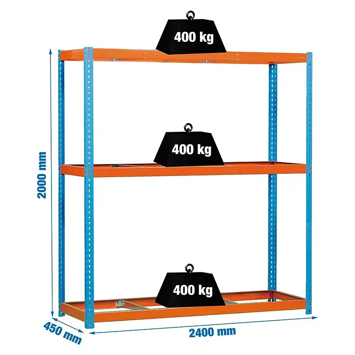 Simonrack Simonforte Estantería para cargas pesadas - Al x An x Pr: 200 x 240 x 45 cm, Número de baldas: 3 ud., Inserción, Azul/Naranja, Capacidad de carga por balda: 400 kg - Estantería metálica azul y naranja con 3 baldas, cada una soporta 400 kg. Medidas: 2000x2400x450 mm.