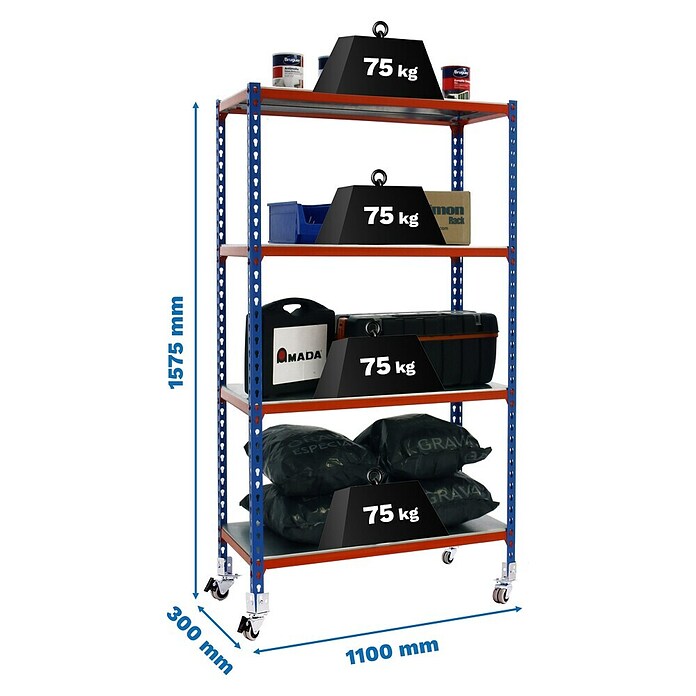 Simonrack Simonclick Estantería metálica Simonclick Mobile Superplus (L x An x Al: 30 x 110 x 150 cm, Capacidad de carga: 180 kg/balda, Número de baldas: 4 ud., Azul/Naranja)