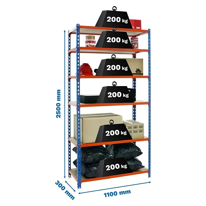 Simonrack Maderclick Metallregal Maderclick SuperPlus - H x B x T: 250 x 110 x 30 cm, Traglast pro Boden: 200 kg, Anzahl Böden: 6 Stk., Stecken, Blau/Orange - Aufnahme eines beladenen Schwerlastregals mit den Maßen 2500x1100x300 mm, wobei jede Ebene mit Gewichten von 200 kg belastet ist.