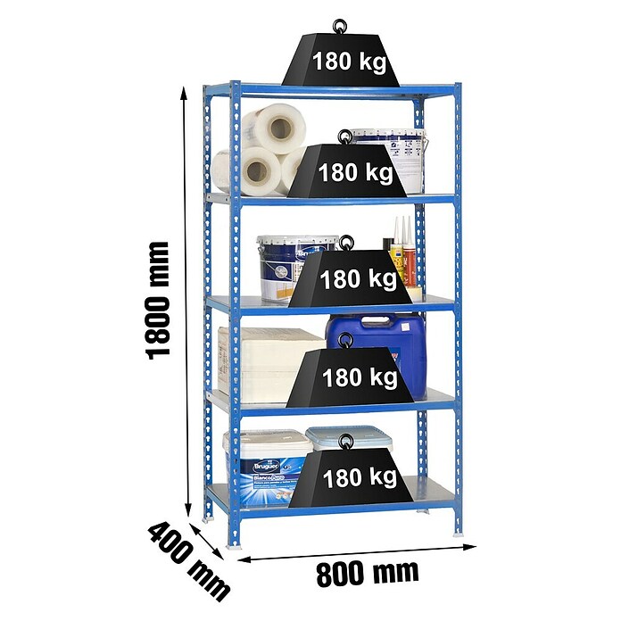 Simonrack Simonclick Metallregal (L x B x H: 40 x 80 x 180 cm, Traglast: 180 kg/Boden, Anzahl Böden: 5 Stk., Blau)