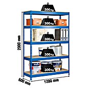 Simonrack Simontaller Metall-Schwerlastregal (L x B x H: 60 x 120 x 200 cm, Traglast: 300 kg/Boden, Anzahl Böden: 5 Stk., Blau)