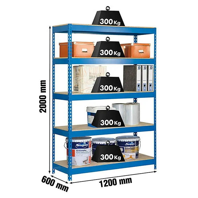 Simonrack Bricoforte Estantería para cargas pesadas Chipboard - Al x An x Pr: 200 x 120 x 60 cm, Capacidad de carga por balda: 300 kg, Número de baldas: 5 ud., Inserción, Azul - Estantería metálica azul con baldas de madera, 2000x1200x600 mm, mostrando capacidad de 300 kg por balda.