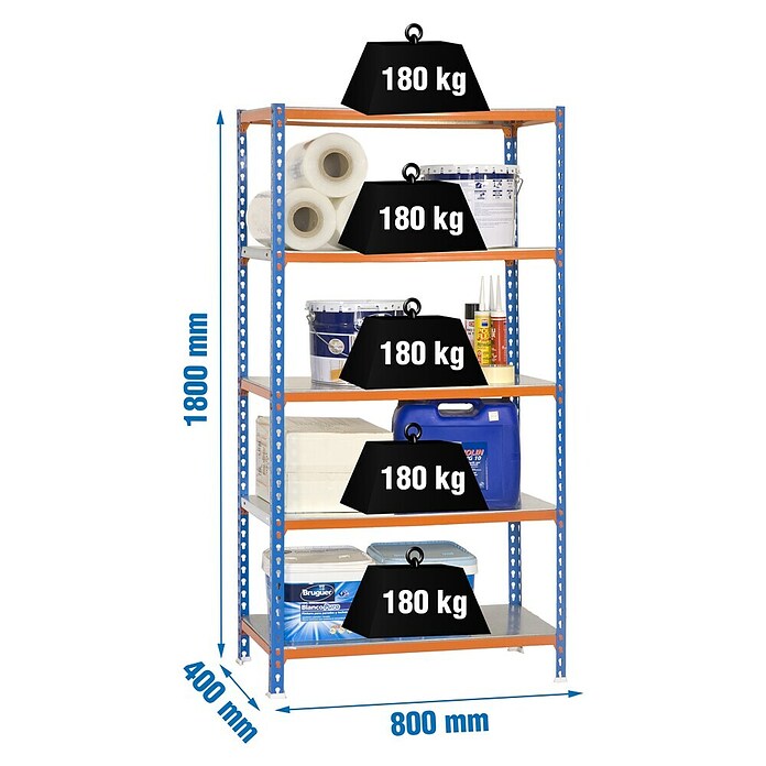 Simonrack Simonclick Metallregal (L x B x H: 40 x 80 x 180 cm, Traglast: 180 kg/Boden, Anzahl Böden: 5 Stk., Blau/Orange)