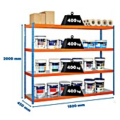 Simonrack Simontaller Estantería para cargas pesadas Ecoforte Metal (L x An x Al: 45 x 180 x 200 cm, Capacidad de carga: 400 kg/balda, Número de baldas: 4 ud., Azul/Naranja)