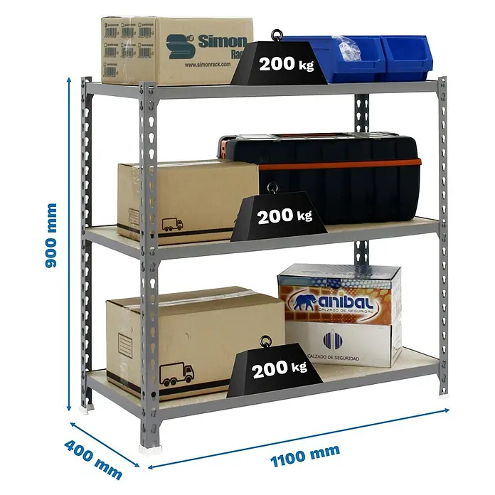 Simonrack Maderclick Metallregal Maderclick SuperPlus - H x B x T: 90 x 110 x 40 cm, Traglast pro Boden: 200 kg, Anzahl Böden: 3 Stk., Stecken, Grau - Abbildung eines grauen Metallregals mit drei Ebenen, beladen mit Kartons und blauen Boxen, versehen mit Maßangaben und Gewichtshinweisen.