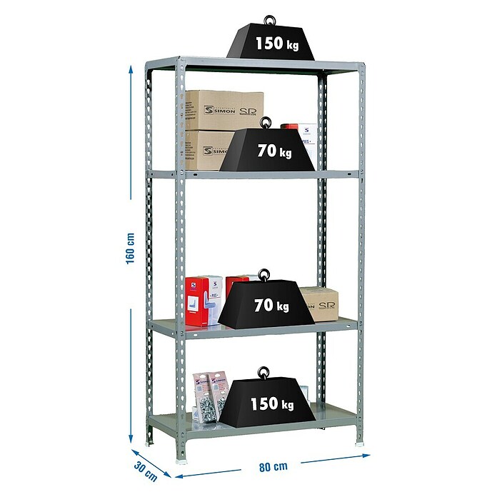 Simonrack Simonclick Metallregal (L x B x H: 30 x 80 x 160 cm, Traglast: 150 kg/Boden, Anzahl Böden: 4 Stk., Grau)