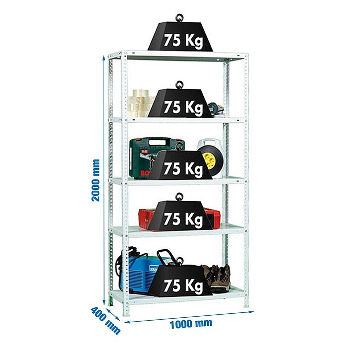 Simonrack Simonclassic Metallregal (L x B x H: 40 x 100 x 200 cm, Traglast: 75 kg/Boden, Anzahl Böden: 5 Stk., Weiß)