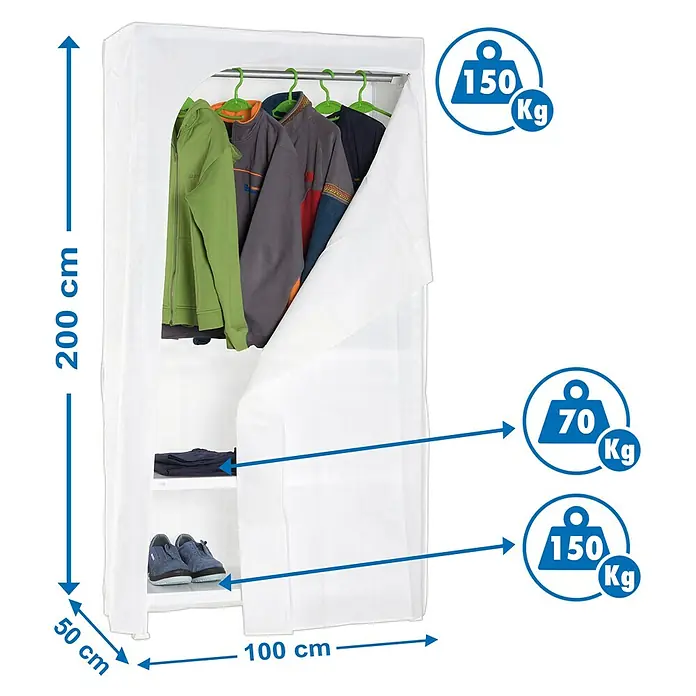 Simonrack Simonclick Estantería metálica Click & Keep - Al x An x Pr: 200 x 100 x 50 cm, Número de baldas: 3 ud., Inserción, Blanco - Armario de tela blanco con barra (150 kg) y estantes (70 kg y 150 kg), mostrando ropa y zapatos. Dimensiones: 200x100x50 cm.