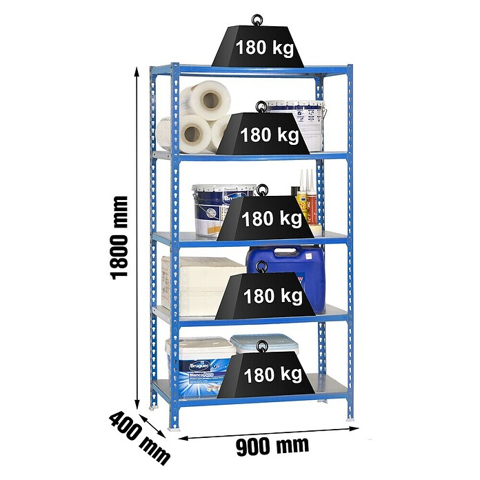 Simonrack Simonclick Metallregal (L x B x H: 40 x 90 x 180 cm, Traglast: 180 kg/Boden, Anzahl Böden: 5 Stk., Blau)
