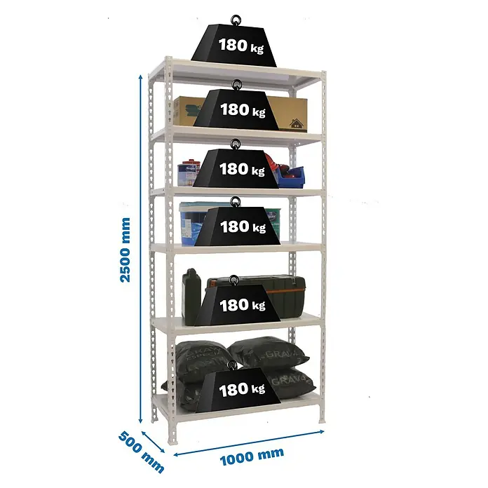 Simonrack Simonclick Metallregal Simonclick Plus - H x B x T: 250 x 100 x 50 cm, Traglast pro Boden: 180 kg, Anzahl Böden: 6 Stk., Stecken, Weiß/Weiß - Abbildung eines weißen Metallregals mit sechs Böden, die jeweils mit Gewichten von 180 kg belastet sind und die Abmessungen des Regals zeigen.