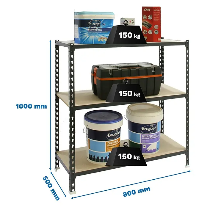 Simonrack Maderclick Metallregal Maderclick Mini - H x B x T: 100 x 80 x 50 cm, Traglast pro Boden: 150 kg, Anzahl Böden: 3 Stk., Stecken, Anthrazitgrau - Produktfoto eines Schwerlastregals mit drei Ebenen, Maße und Belastbarkeit sind angegeben.