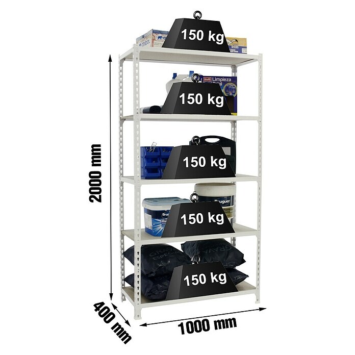 Simonrack Maderclick Estantería metálica Plus con funda (Al x An x Pr: 200 x 100 x 40 cm, Capacidad de carga por balda: 150 kg, Número de baldas: 5 ud., Inserción, Blanco) | BAUHAUS
