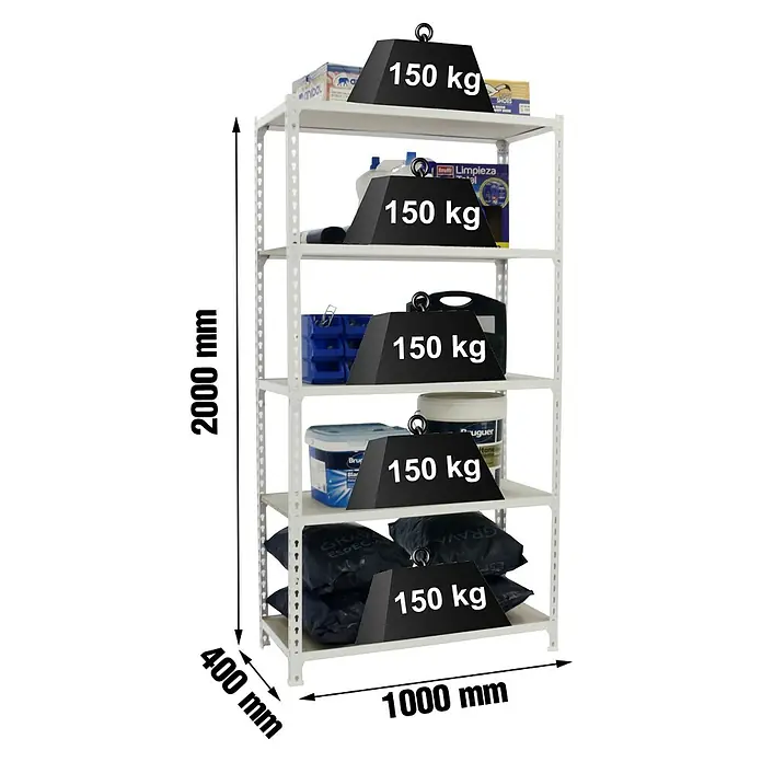 Simonrack Maderclick Estantería metálica Plus con funda - Al x An x Pr: 200 x 100 x 40 cm, Capacidad de carga por balda: 150 kg, Número de baldas: 5 ud., Inserción, Blanco - Estantería metálica blanca de 5 baldas, cada una soporta 150 kg. Medidas: 2000x1000x400 mm.