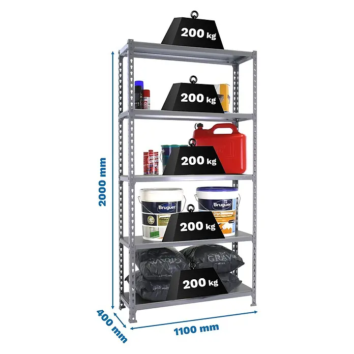 Simonrack Simonclick Metallregal Simonclick Super Plus - H x B x T: 200 x 110 x 40 cm, Traglast pro Boden: 200 kg, Anzahl Böden: 5 Stk., Stecken, Grau/Grau - Ein graues Metallregal mit fünf Ebenen, beladen mit Farbeimern, Spraydosen und Sandsäcken, wobei jede Ebene zusätzlich 200 kg trägt.